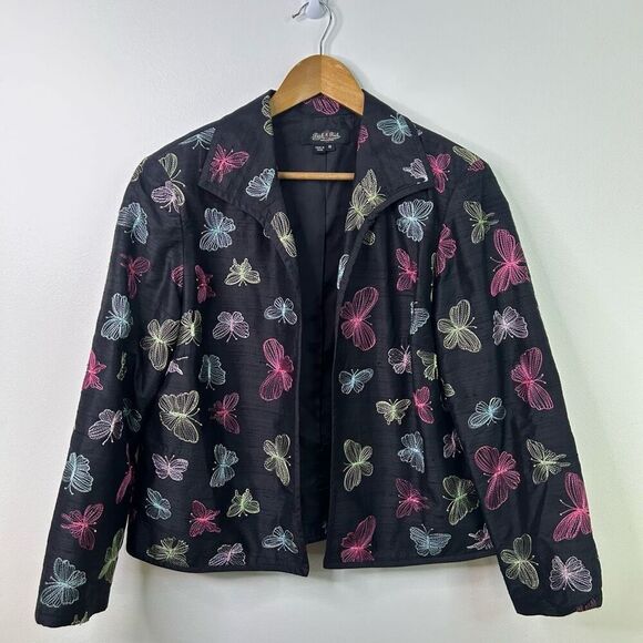 Peck & Peck Silk Butterfly Jacket Black Embroidered 100% Silk Blazer Size 16 - Picture 1 of 11